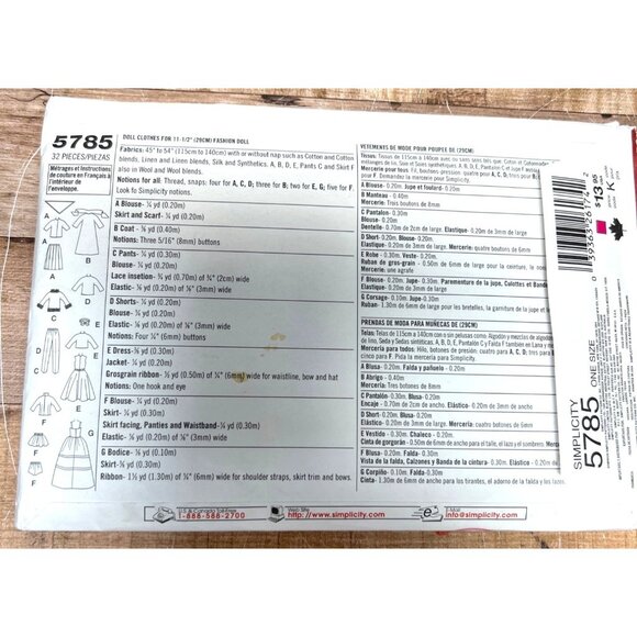 Simplicity Archives Fashion Doll Clothes Sewing Pattern 5785 One Size Uncut - Picture 2 of 2